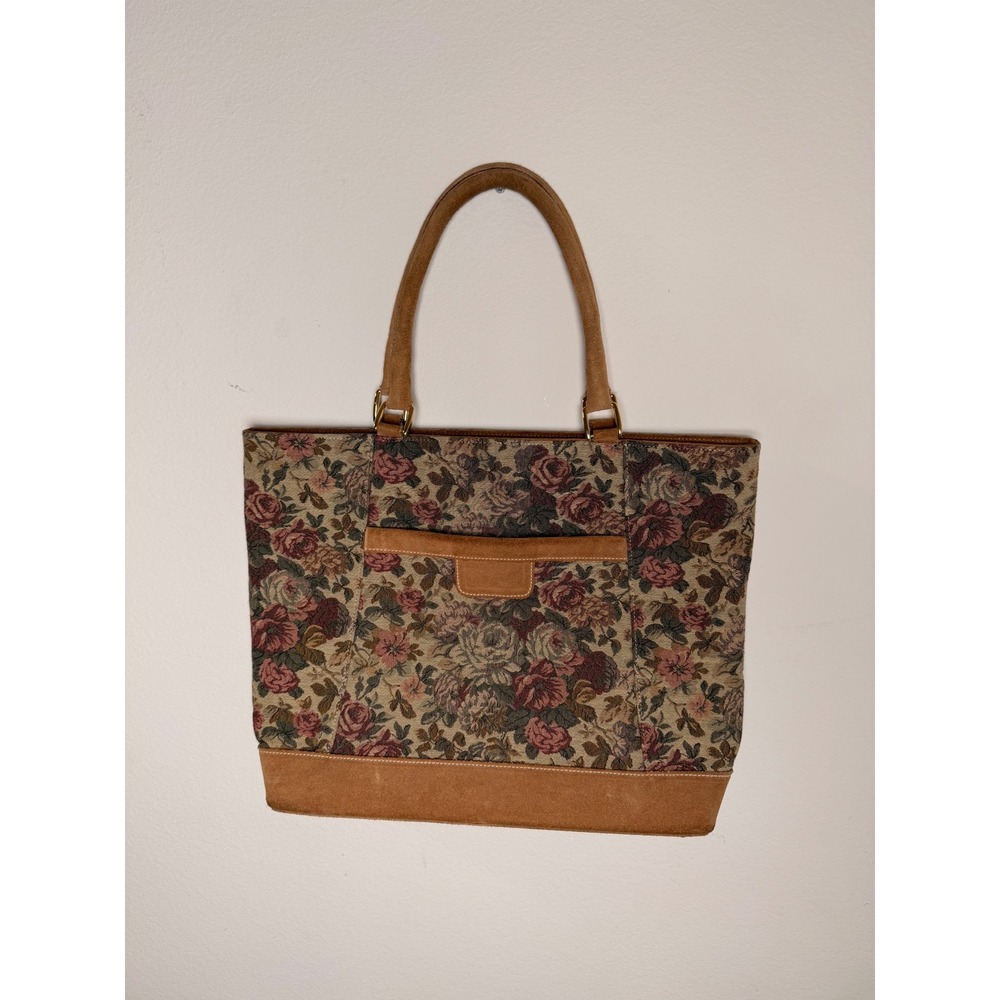 French Luggage Co Vintage Floral Tapestry Tote Bag Suede Trim Brown Rose Large